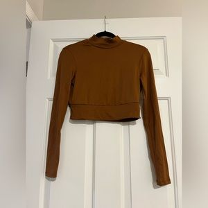 no comment Brown Long Sleeved Turtle Neck Crop Top with Back Cut Out Size M